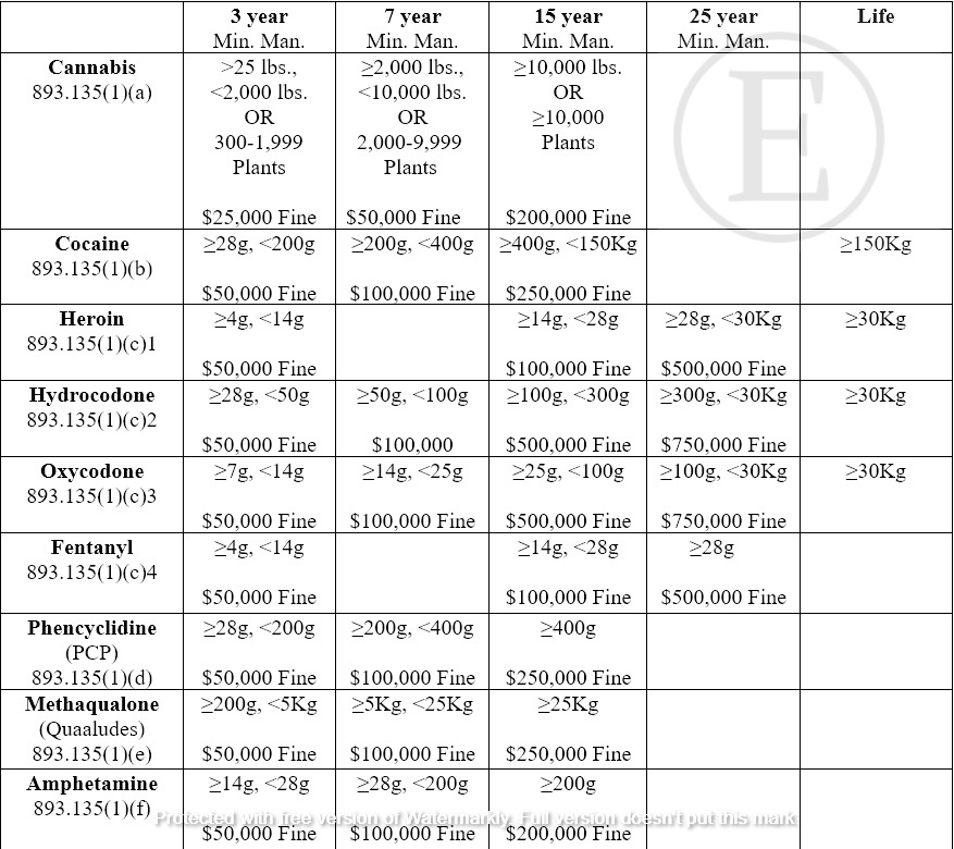 Florida Drug schedule penalty chart